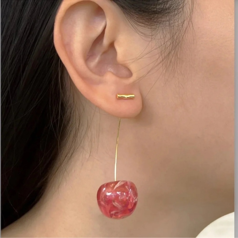 Pink Cherry Gold Drop Earrings - Picture 10 of 10